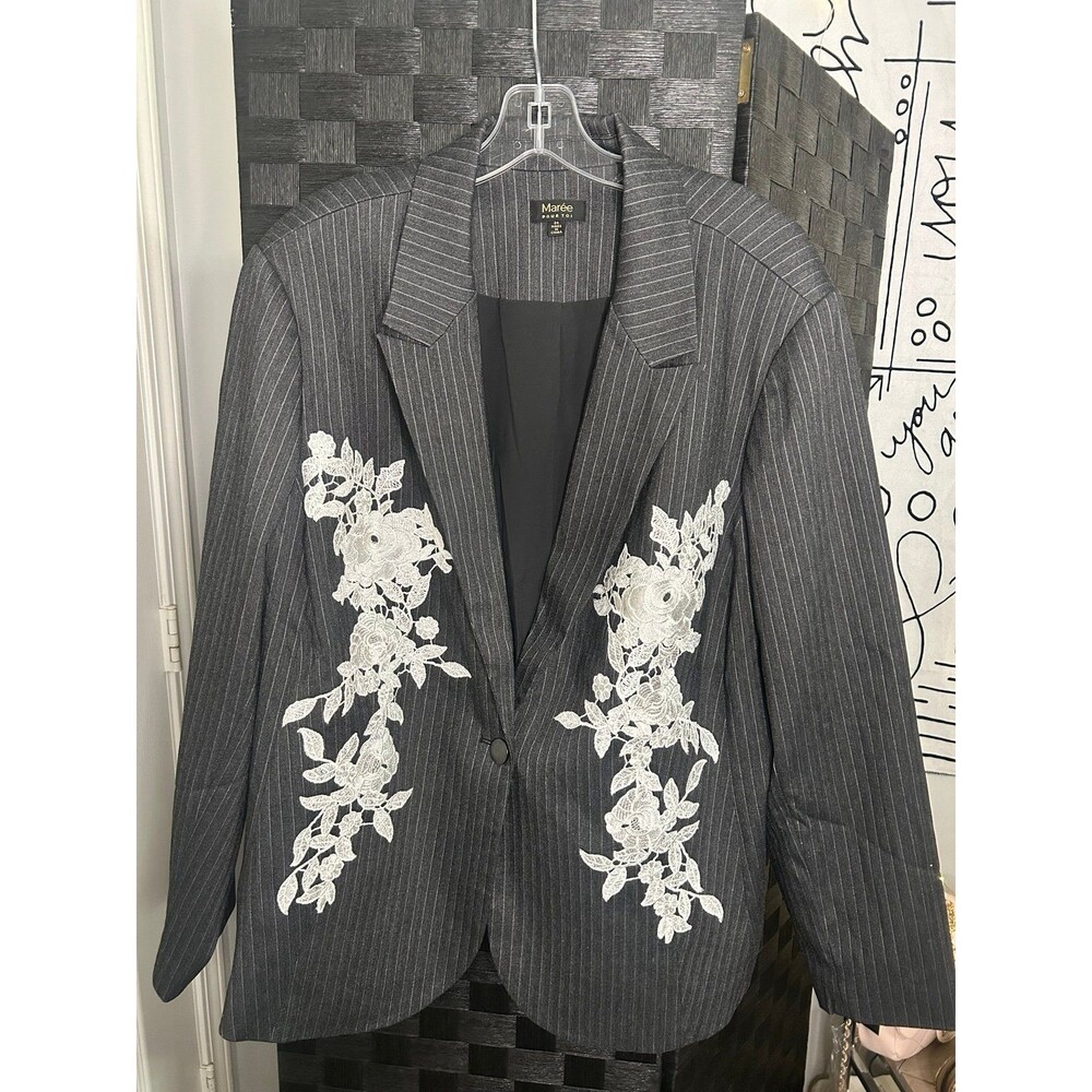 Gray Pinstripe Blazer with Floral Embroidery